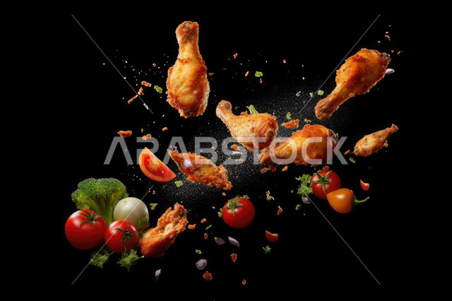 قطع أفخاذ الدجاج المقلي المقرمش مع مجموعة من الخضراوات الطازجة، دجاج البروستد الشهي، مطاعم المأكولات السريعة, وجبات غير صحيه, خلفيه سوداء.