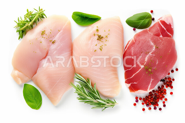 مجموعه من اللحومات النيئه الحمراء والبيضاء الطازجه الجاهزه للطهي, لحوم المواشي المتنوعه في متجر بيع اللحوم, مأكولات حيوانيه فريش و أصناف لحوم مختلفه، وصفات طعام شهية