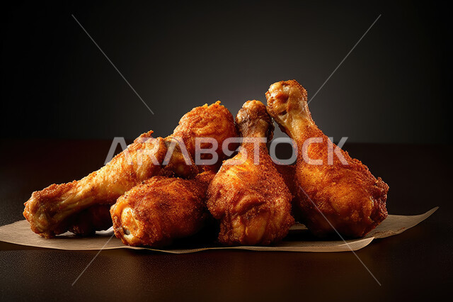 مجموعة من أفخاذ الدجاج المقلي المقرمش, دجاج البروستد الشهي، مطاعم المأكولات السريعة, وجبات غير صحيه, خلفيه سوداء.