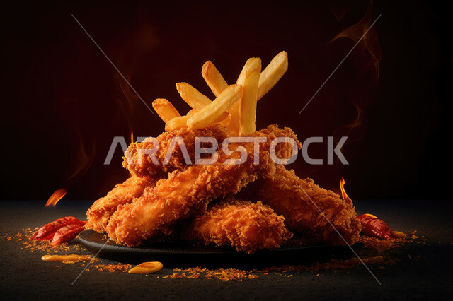 طبق من الدجاج المقرمش المغلف بالبقسماط مع البطاطا المقلية, قطع الدجاج المقلي الكرسبي, مطاعم الوجبات السريعه, مأكولات غير صحية .