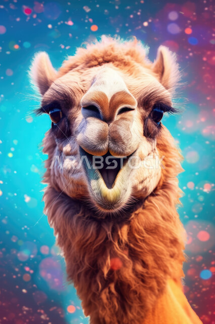 صورة مقربة لوجه حيوان الجمل ، أضحية وقربان عيد الأضحى المبارك،  رسوم بيانيه ثلاثية الأبعاد لحيوان الابل ، أعياد دينيه إسلاميه,  خلفية ملونة.