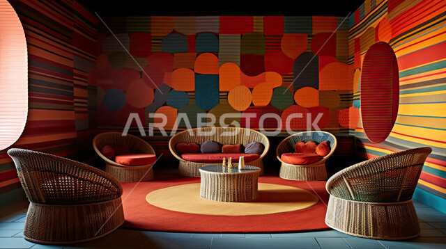 غرفة معيشة بتصاميم وديكورات عصرية حديثة فاخرة، غرفة جلوس بأثاث منزلي راقي ملون، شقق وفلل سكنية ، فنادق ومنتجعات فاخرة ، ديكور داخلي بألوان قوس قزح.