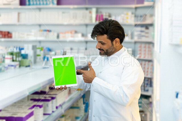 A Saudi Arabian Gulf pharmacist holding a tablet with a green chroma screen, displaying medicines and medical products, selling medicines online, advertising and marketing for medical supplies, the pharmacy profession