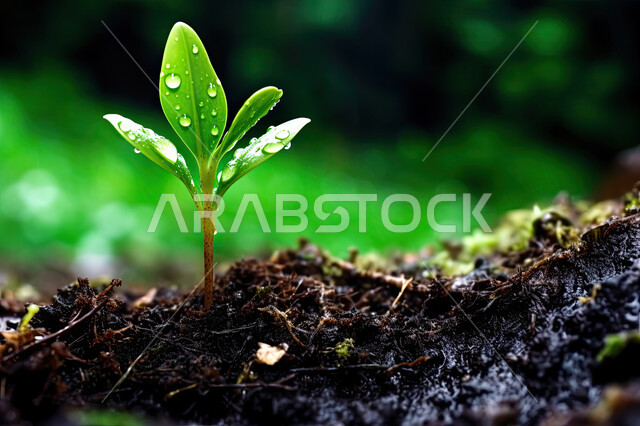 صورة ابداعية لأوراق نبتة خضراء في التربة , النباتات الخضراء وأوراق الأشجار ، المزروعات والطبيعة الخلابة في أراضي المملكة العربية السعودية.