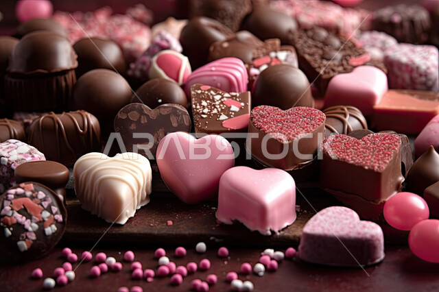قطع شوكولاتة مبعثرة , صناعة وإعداد حلوى الشوكولا , مجموعة من حبات الشوكلت , حلويات مناسبات واستقبال , ضيافة العيد من الحلوى اللذيذ , ترافل بالشوكولاته والفراولة غني بالسكريات .