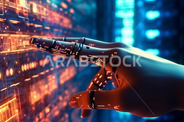 برمجة الروبوتات و تقنيات الذكاء الاصطناعي, تطور التقنيات والتكنولوجيا ، صورة مقربة ليد الروبوت الذكي يستخدم اللوح التقني .