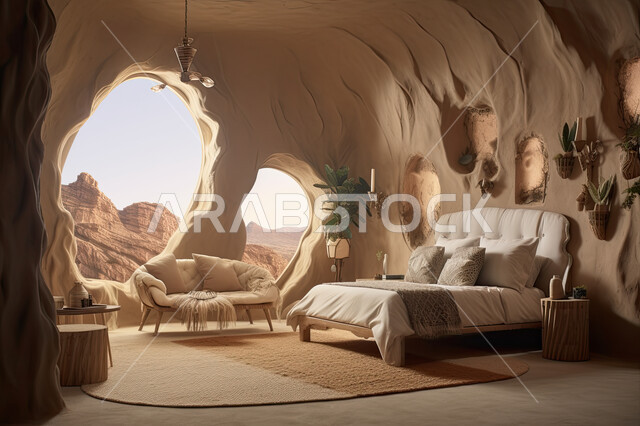 غرفة نوم ومعيشة في مغارة  بتصاميم عصرية و جذابة، ديكورات رائعة لأثاث منزلي راقي وفاخر,  شقق سكنية سياحية راقية، نوافذ مطلة على الجبال .