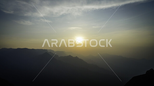 View of sunrise on mountain heights, growing green plants, nature background, cellulite.