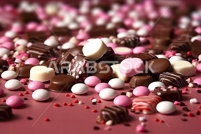 مجموعة من حبات الشوكلت ,قطع شوكولاتة مبعثرة , صناعة وإعداد حلوى الشوكولا , حلويات مناسبات واستقبال , ضيافة العيد من الحلوى اللذيذ , ترافل بالشوكولاته والفراولة غني بالسكريات .