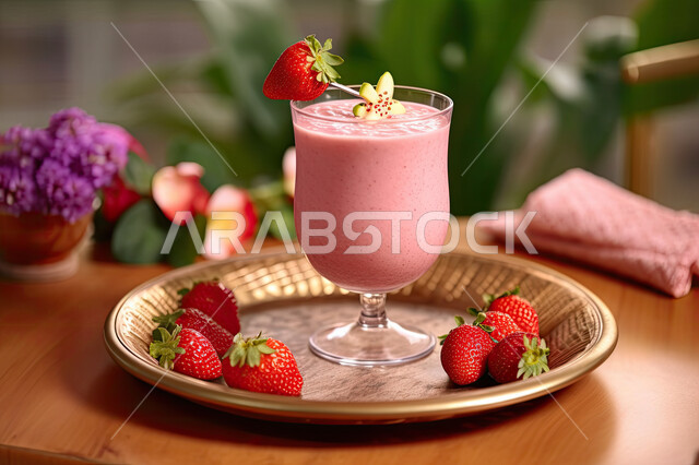 كوكتيل صيفي منعش ومثلج، صورة مقربة لكوب من عصير الفواكه المشكلة اللذيذ المزين بقطع الفراولة، مشروب بارد خليط من الفواكه والحليب، مشروبات باردة وعصائر طبيعية لذيذة، عصير صحي ومفيد