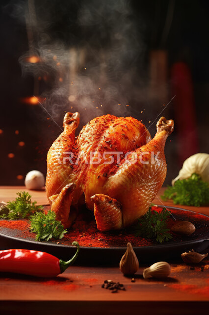 طبق الديك الرومي، صورة مقربة لدجاجة مشوية مع مجموعة من الخضراوات الطازجة، دجاج طازج ولذيذ، مأكولات و وصفات لأطباق عربية تقليدية شرقيه.