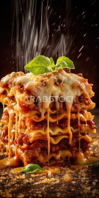 طبق من اللازانيا الشهية, صورة مقربة لوجبة معكرونة باللحم وصلصة الطماطم الطازجة بالجبن الذائب, مأكولات ووجبات عربية لذيذة, خلفية سوداء.