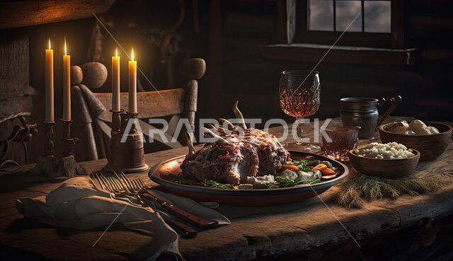 طاولة بها طبق من طعام ريش الضأن وشمعة عليها، صورة لسفرة طعام ، وجبة عشاء بأطباق و أصناف متنوعة ، مأكولات و وجبات صحية ، مطاعم عربية خليجية سعودية، مائدة مزينة بالشموع