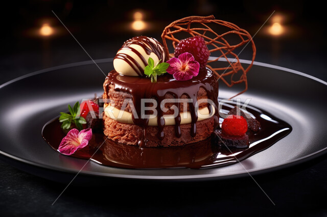 قطعة حلا قهوة شهية، قطعة من حلى تشيز كيك المزينة بالتوت البري تقطر بالشوكولاته السائحة،  حلويات باردة لذيذة، سكريات و أطعمه ذات سعرات حراريه عاليه