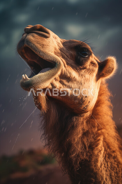 ذبح القربان في الأعياد الدينية الإسلامية، صورة مقربة لحيوان الجمل ، أضحية وقربان عيد الأضحى المبارك،  رسوم بيانيه ثلاثية الأبعاد لحيوان الابل.