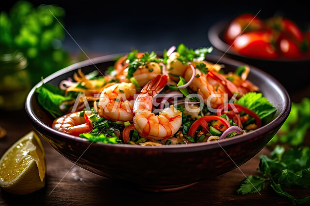 صحن جمبري مع سلطة سبانخ وطماطم، صورة مقربة لطبق من الربيان اللذيذ مع خضار مختلفة ، طبق من المقبلات الشهية ، خلفية سوداء ، وجبات الطعام السريعة ، المطاعم العربية ، المأكولات البحرية الشهية