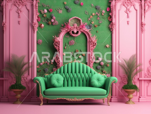 غرفة معيشة بتصاميم عصرية وجذابة، ديكورات رائعة، أثاث منزلي راقي بتصاميم عصرية فاخرة، شقق سكنية راقية، جدران باللون الأخضر والوردي