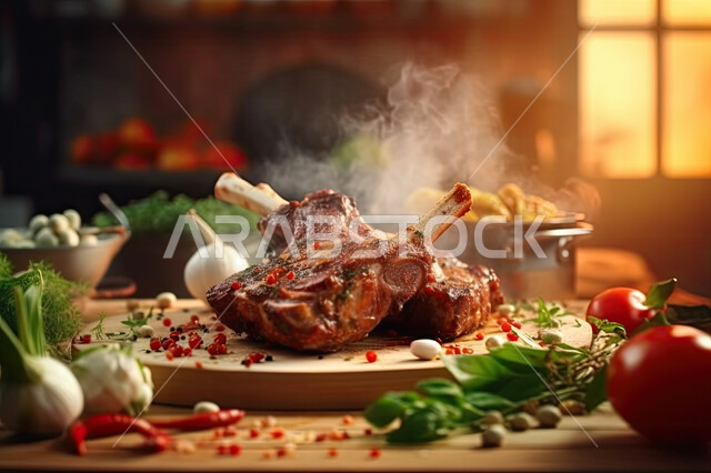 مطاعم و مطابخ صحية، صورة مقربة لطبق اللحم المطبوخ الشهي ، لحوم الضأن مع الخضار الطازجة ، طعام صحي لذيذ ، اكلات عربية شرقية، ريش الضأن المشوية بالفرن