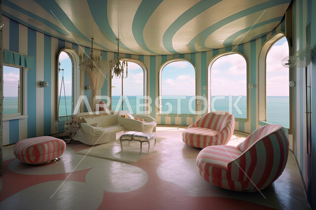 غرفة جلوس بجدران مخططة ونافذة كبيرة، ديكور داخلي لشقة فاخرة، ركنة معيشة بتصاميم عصرية حديثة، أثاث منزلي راقي، فنادق ومنتجعات ضخمة بإطلالة بحرية