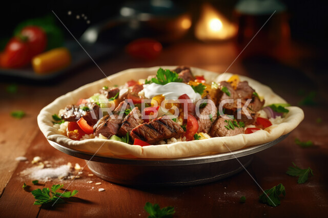 صورة مقربة لطبق من اللحم المشوي اللذيذ مع الخضروات الطازجة ، وجبة مشاوي عربية ،وصفات ووجبات طعام شهية ، اكلات سريعة ساخنة