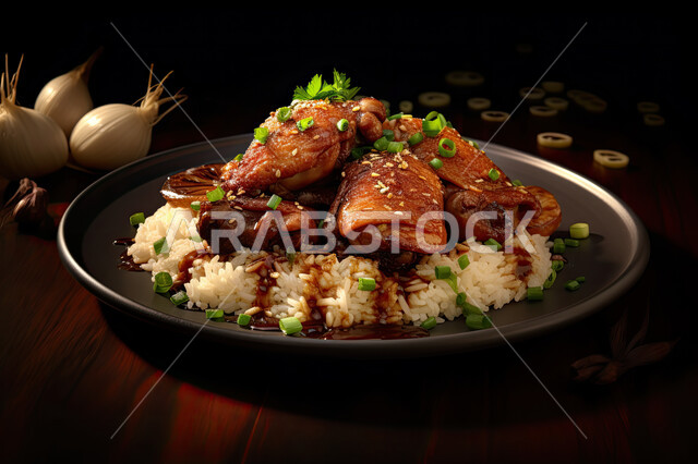 Delicious invitations and banquets, traditional Arab Gulf meals, popular dishes in oriental restaurants, Saudi cuisine recipes, chicken biryani with rice, herbs and parsley