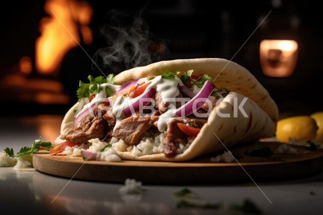 طبق من ساندويش اللحم المشوي, خبز محشي بقطع اللحوم والخضار الشهية , طعام عربي شرقي لذيذ, وجبة مشاوي ساخنة مع الخضروات والصوص, وصفات وأكلات صحيه