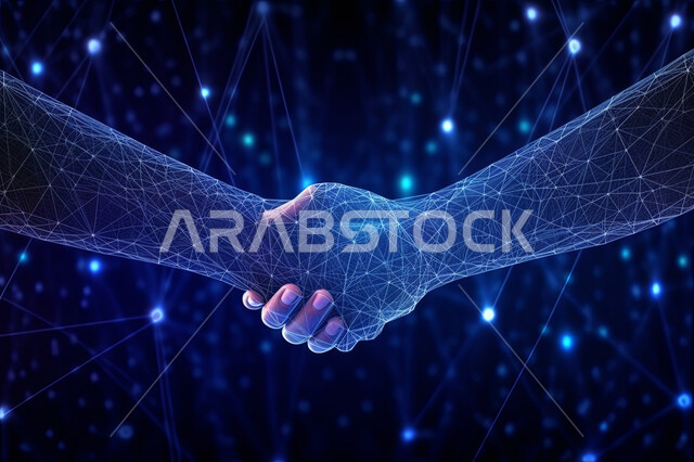 تصميم هولوجرامي ثلاثي الابعاد ليدين تتصافحان, مفهوم التحيه و التعارف والصداقه, إتفاقيات وصفقات عمل ناجحه, خلفيه سوداء,  تطور التقنيه والتكنولوجيا والذكاء الاصطناعي