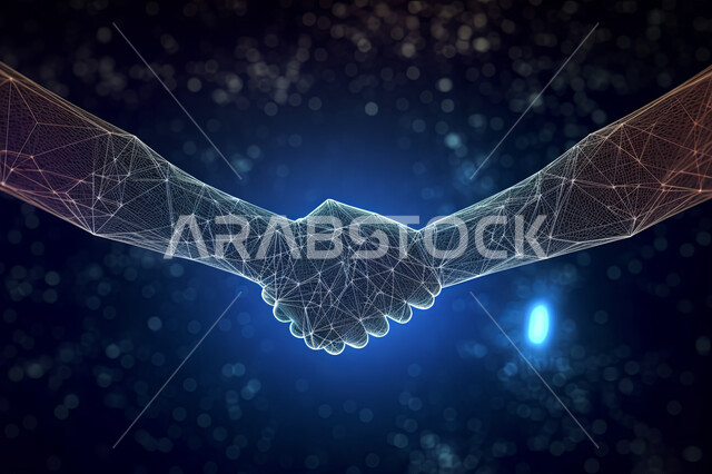 تصميم هولوجرامي ثلاثي الابعاد ليدين تتصافحان, مفهوم التحيه و التعارف والصداقه, إتفاقيات وصفقات عمل ناجحه, خلفيه سوداء,  تطور التقنيه والتكنولوجيا والذكاء الاصطناعي