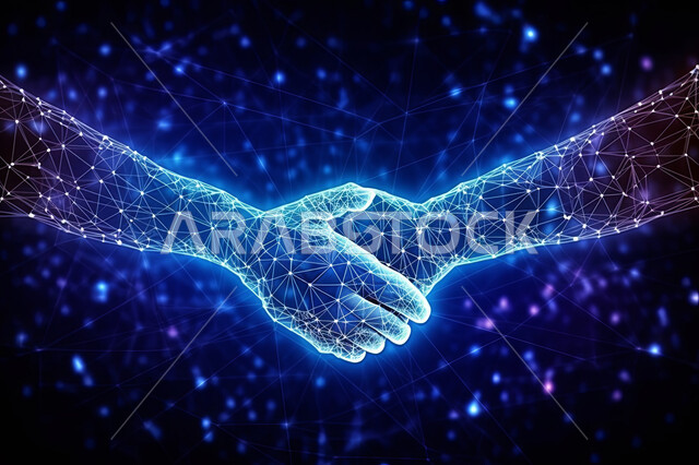 تصميم هولوجرامي ثلاثي الابعاد ليدين تتصافحان, مفهوم التحيه و التعارف والصداقه, إتفاقيات وصفقات عمل ناجحه, خلفيه سوداء,  تطور التقنيه والتكنولوجيا والذكاء الاصطناعي