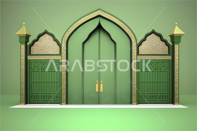ديكورات وتصاميم اسلامية مزخرفة، إطار ثلاثي الأبعاد بزخارف دينية , مجسم ثري دي لباب و مدخل المسجد بقوس ذهبي, اسلاميات وعبادة, خلفية خضراء. 