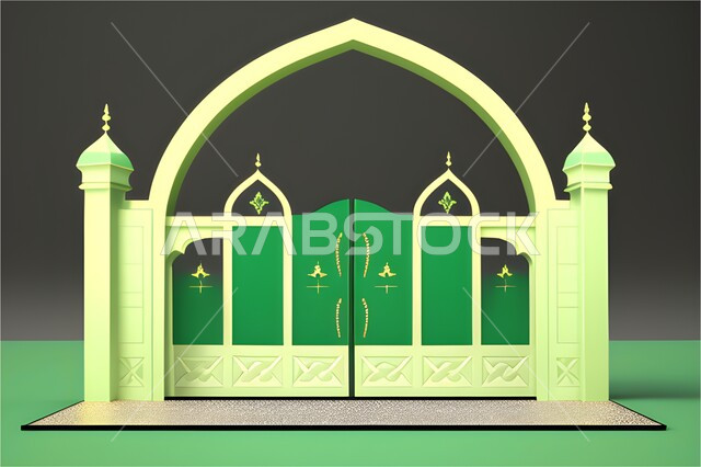 إطار ثلاثي الأبعاد بزخارف دينية , ديكورات وتصاميم اسلامية مزخرفة،  مجسم ثري دي لباب و مدخل المسجد بقوس أخضر , اسلاميات وعبادة, خلفية سوداء . 