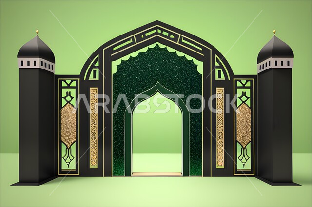A 3D frame with religious motifs, ornate Islamic decorations and designs, a 3D model of the door and entrance to the mosque with a golden and black arch, Islam and worship, a green background.