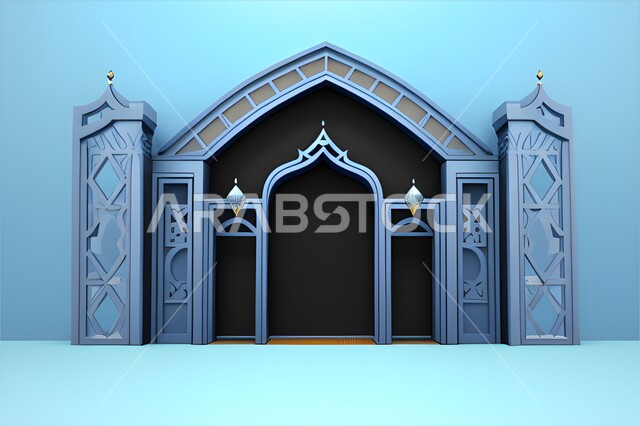 مجسم ثلاثي الابعاد لباب مسجد ، مدخل ثري دي لمسجد بقوس فضي، تصاميم وديكورات اسلامية مزخرفة فاخرة، اسلاميات وعبادات. 
