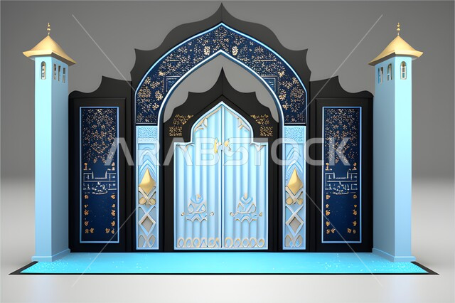 A 3D model of a gilded blue mosque door, 3D entrance to a mosque with an inscribed arch, luxurious ornate Islamic designs and decorations, Islamism and worship.