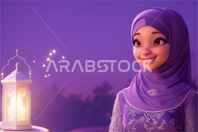 رسم توضيحي ثلاثي الأبعاد لفتاة مسلمه ترتدي الحجاب, ايماءات وجه تدل على السعادة والسرور بقدوم شهر رمضان المبارك, رموز اسلامية دينية, فانوس وزينة شهر الخير, خلفيه بنفسجية.