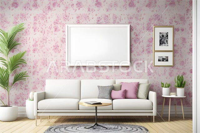 برواز خشبي بتصميم بسيط على جدار مورد في غرفة الجلوس ، غرفة الجلوس بتصاميم و ديكورات داخلية حديثة و جميلة، فن الديكور الداخلي.