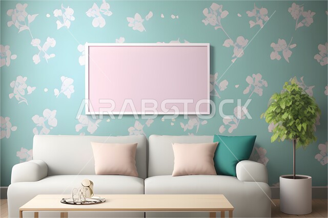 برواز خشبي فارغ بتصميم بسيط على جدار مورد في غرفة الجلوس، غرف معيشة بتصاميم و ديكورات داخلية حديثة و جميلة , فن الديكور الداخلي.