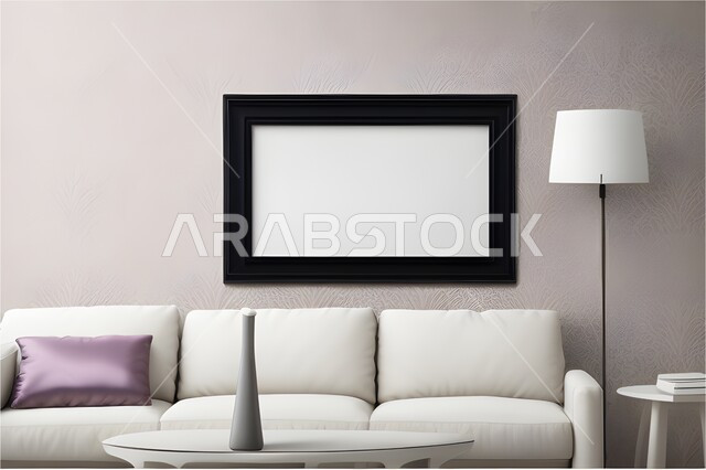  غرف معيشة بتصاميم و ديكورات داخلية حديثة و جميلة, برواز خشبي اسود فارغ بتصميمات ابداعية على جدار أبيض في غرفة الجلوس، فن الديكور الداخلي.