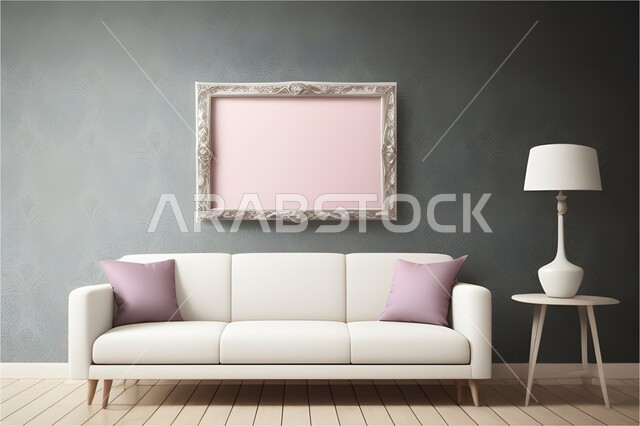  غرف الجلوس بتصاميم و ديكورات داخلية حديثة و جميلة, اطار خشبي فارغ بتصميمات ابداعية على جدار رمادي في غرفة المعيشة، فن الديكور الداخلي.