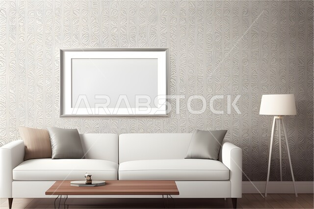  غرف الجلوس بتصاميم و ديكورات داخلية حديثة و جميلة, اطار خشبي فارغ بتصميمات ابداعية على جدار رمادي في غرفة المعيشة، فن الديكور الداخلي.