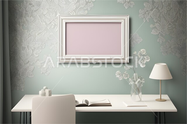 مكتب دراسة بتصاميم عصرية مريحة، برواز خشبي ابيض فارغ على جدار مورد,  مفهوم القراءة والدراسة و العمل، غرفة مكتبية بتصاميم وديكورات جذابة و فاخرة.