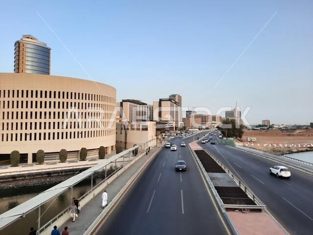 Landmarks in the city of Jeddah in the Kingdom of Saudi Arabia, the architectural engineering development in Saudi Arabia, a view of the waterfront of the city of Jeddah, traffic in the streets and roads of Al-Balad district, commercial buildings and towe