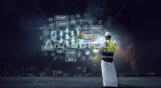 استخدام التقنية والتكنولوجيا في انشاء المدن الحديثة، مهندس عربي سعودي خليجي يرتدي خوذة وسترة الحماية الخاصة بالعمل، البنية التحتية الرقمية، إدارة قواعد البيانات، تزويد المدن الذكية بالتكنولوجيا الحديثة، رؤية 2030