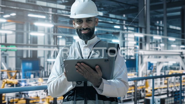 An Arab, Saudi, Gulf engineer wearing a helmet and a protective vest and holding a tablet in his hand, using the tablet in managing factories, facial gestures indicating happiness, auditing and supervising factories