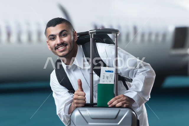 الاستعداد لقضاء الاجازة الصيفية، شاب سعودي خليجي يرتدي حقيبة الظهر الشخصية ويسمك بيده حقيبة السفر ويرفع اصبع الابهام لاعلى، ايماءات وجه ويدين تدل على القبول والموافقة والسعادة، الذهاب في رحلة سياحية ممتعة