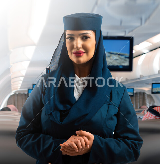 طاقم الطائرة والاستقبال والترحيب بالركاب، مضيفة طيران عربية سعودية خليجية مبتسمة ترتدي زي مضيفات الطيران، النظر الى الكاميرا، الخطوط الجوية السعودية، تقديم خدمات الطيران للركاب المسافرين، خلفية مقاعد ركاب الطائرة
