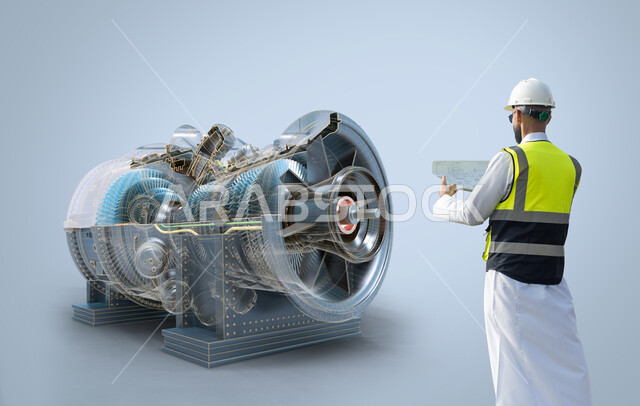 Wearing a helmet and work protection jacket, a close-up of a Saudi Arabian Gulf mechanical engineer holding an engineering map, factories and workshops of engines, giant turbines and engines, supervising the manufacture of large generators