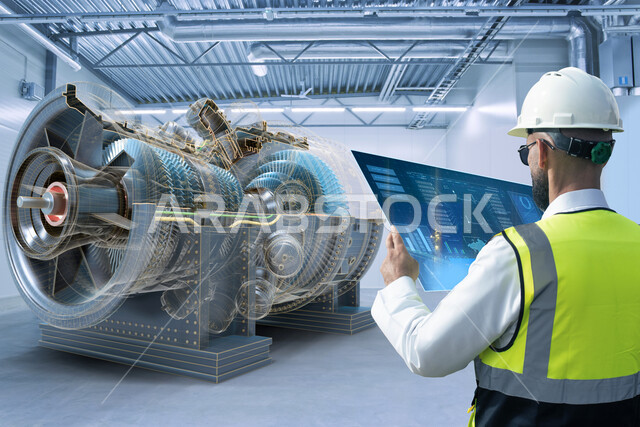 صورة مقربة من الخلف لمهندس ميكانيكي عربي سعودي خليجي يمسك بجهاز لوحي، مصانع وورش المحركات، توربينات ومحركات عملاقة، إرتداء خوذة وسترة الحماية الخاصة بالعمل، الاشراف على صناعة المولدات الكبيرة