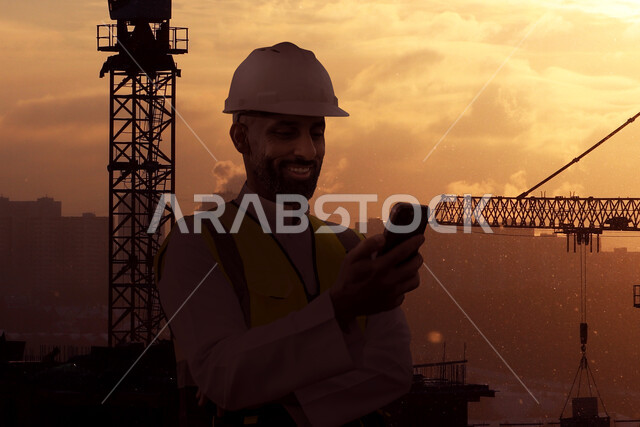تصفح التطبيقات والمواقع الهندسية، مهندس معماري خليجي سعودي عربي يستخدم الهاتف المحمول ويقف في موقع البناء وقت غروب الشمس، ارتداء خوذة وسترة الحماية الخاصة بالعمل، ايماءات وجه تدل على السعادة، خلفية آلات ومعدات البناء