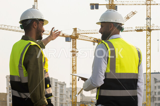 مهندسان معماريان عربيان سعوديان خليجيان يتناقشان في ورقة مخطط البناء، حوارات ونقاشات عمل، ارتداء خوذة وسترة الحماية الخاصة بالعمل، العمل في موقع البناء، التدقيق والاشراف على العمل